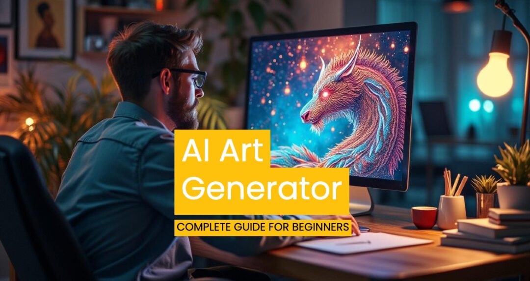 Digital artist at night, working on fantastical creature design. Vibrant neon dragon on computer screen, cozy home office with warm lighting and plants.