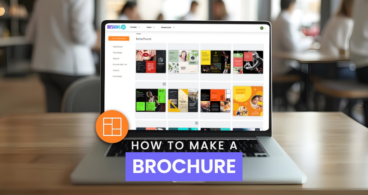 A laptop displaying the title "HOW TO MAKE A BROCHURE" on a table.