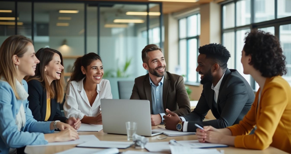 A diverse team of professionals collaborating around a table in a bright and modern office.