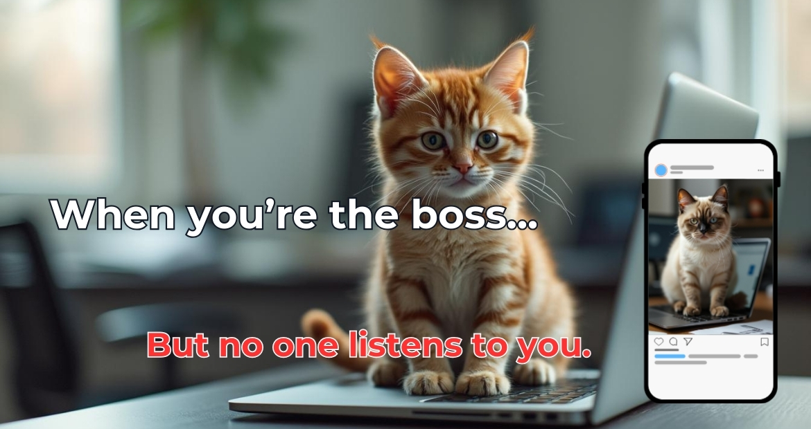A grumpy-looking cat sitting on a laptop in a cluttered office, staring at the camera.