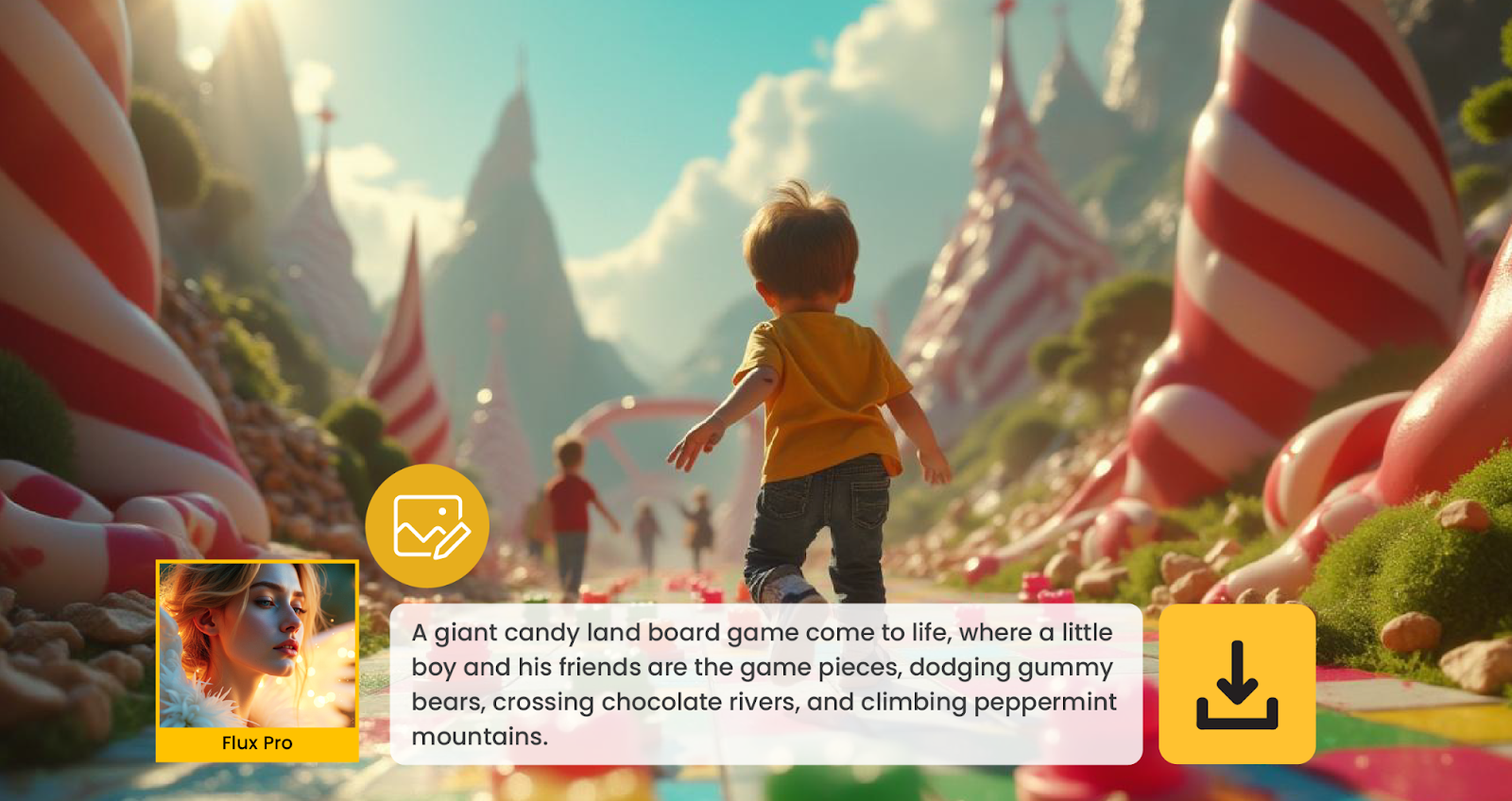 A vibrant screenshot of a video game depicting a giant candy land board. A little boy and his friends are animated game pieces navigating through the colorful landscape, avoiding gummy bears, crossing chocolate rivers, and climbing peppermint mountains.