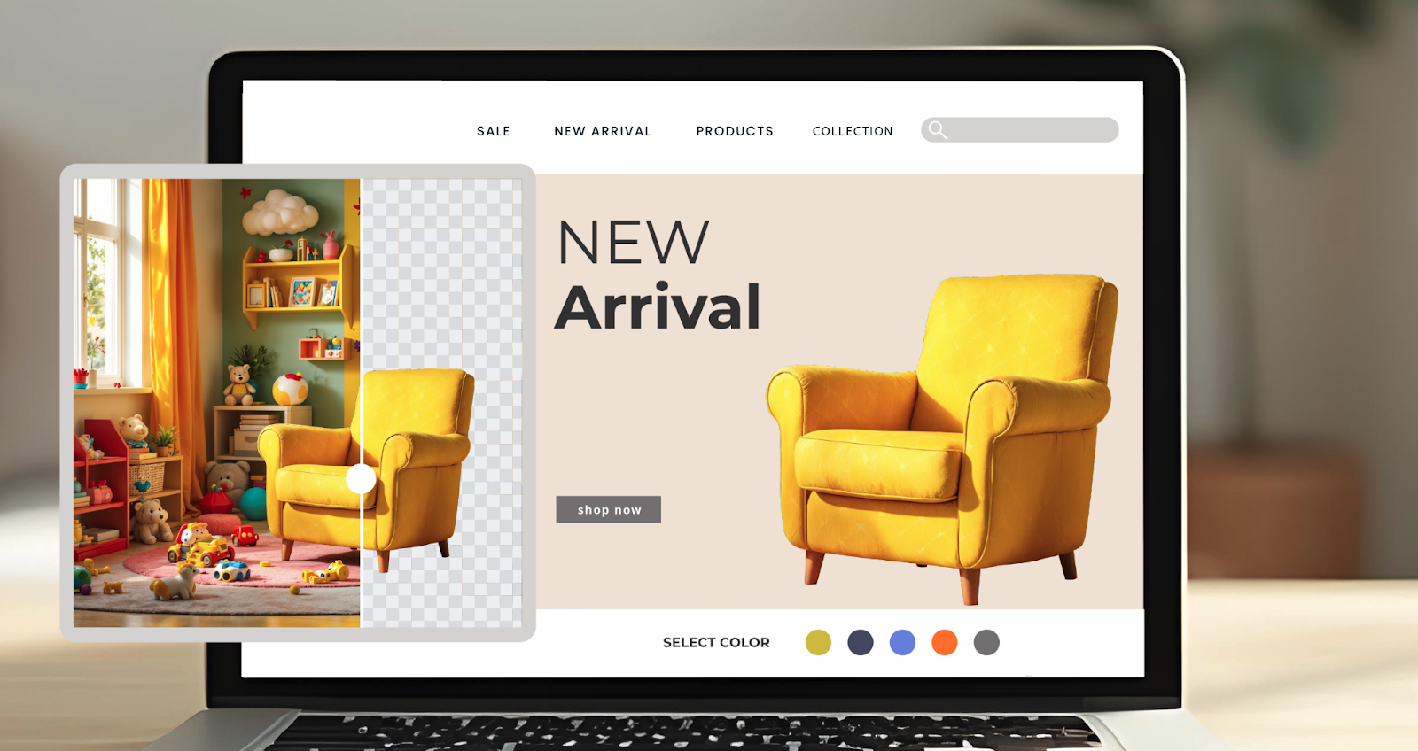 A computer screen displaying a product page with the words "NEW Arrival HLECT COLOG," accompanied by two yellow chairs in the foreground.