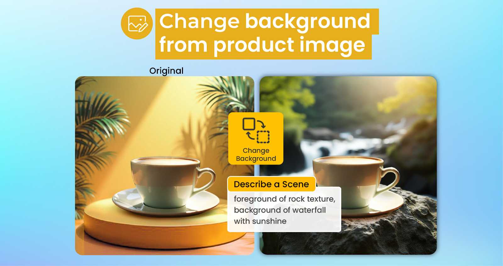 A graphical user interface displaying an option to change the background of a product image. The original image features a foreground with rock texture and a background showcasing a waterfall illuminated by sunshine. The scene is complemented by various serveware items, including coffee cups, saucers, mugs, and teacups.