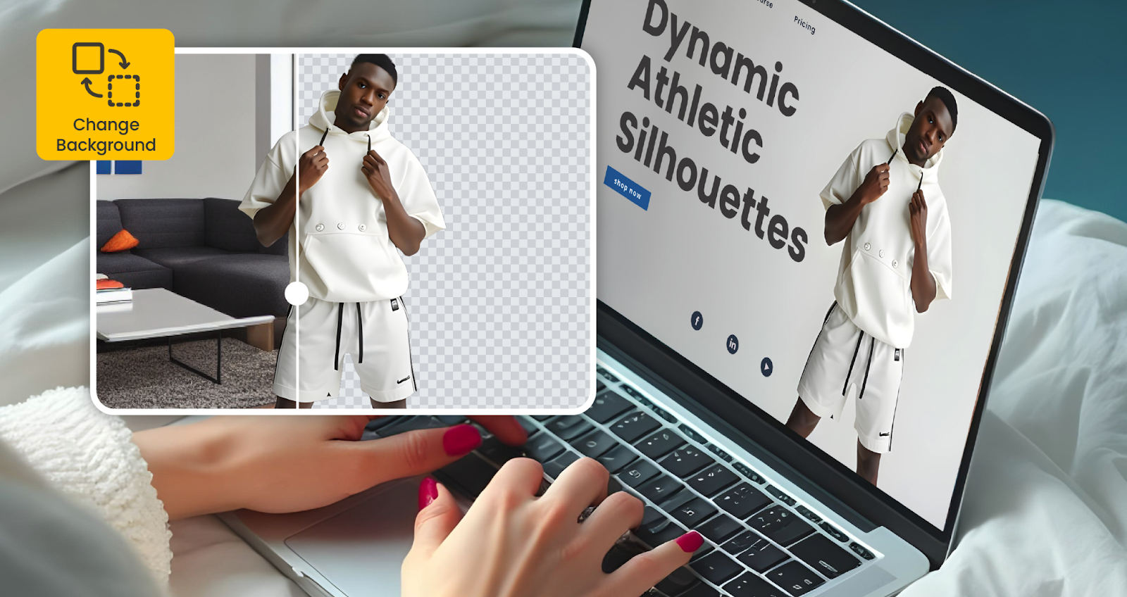 A dynamic silhouette of a woman using a laptop indoors against a blurred background, conveying a sense of change and athleticism.