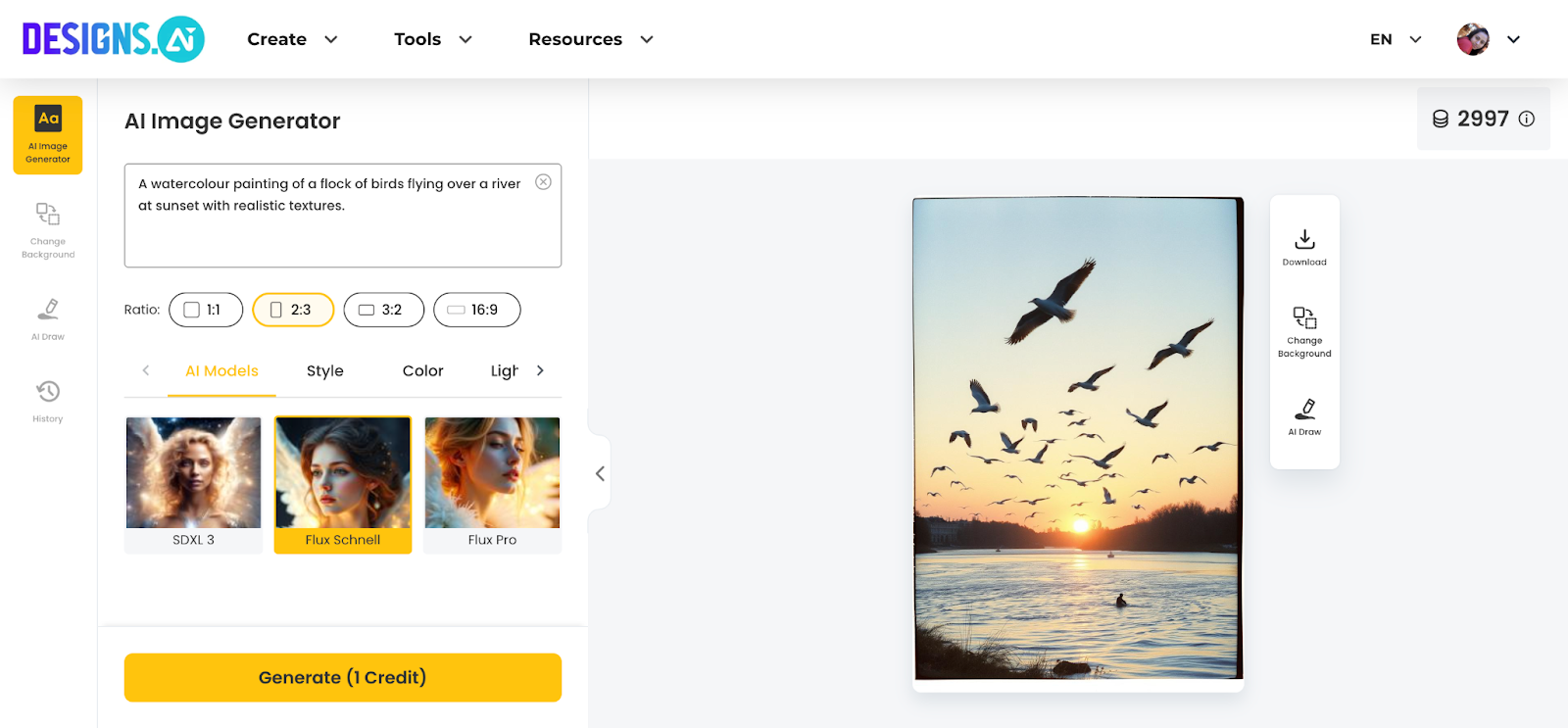 watercolour painting ai image from text using Design AI