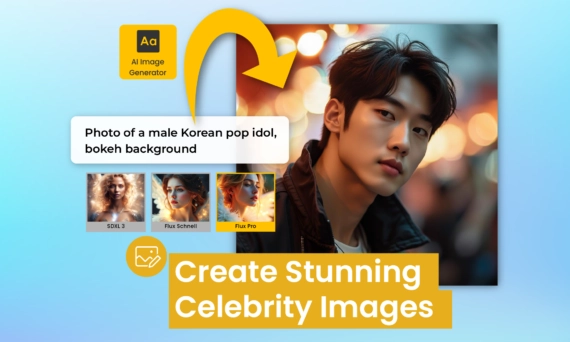 A graphical user interface featuring the text "AI Image Generator" against a bokeh background, showcasing a photo of a male Korean pop idol. The design includes the phrase "Create Stunning Celebrity Images."