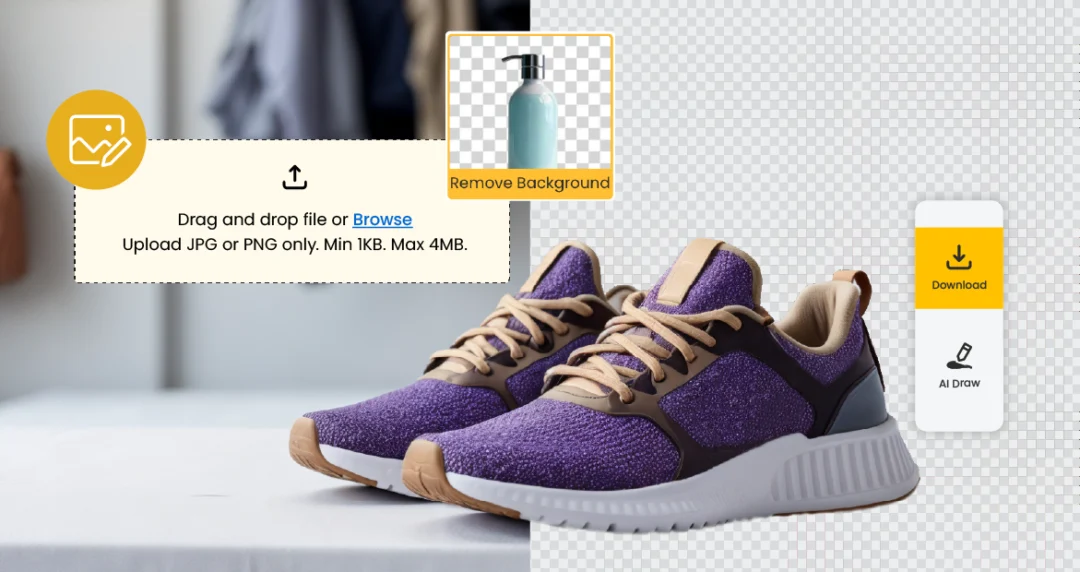 A graphical user interface displaying options to remove the background from an image. It includes a section to drag and drop files or browse, with a note that only JPG or PNG formats are allowed, along with size limitations. There are also buttons for uploading and downloading images.
